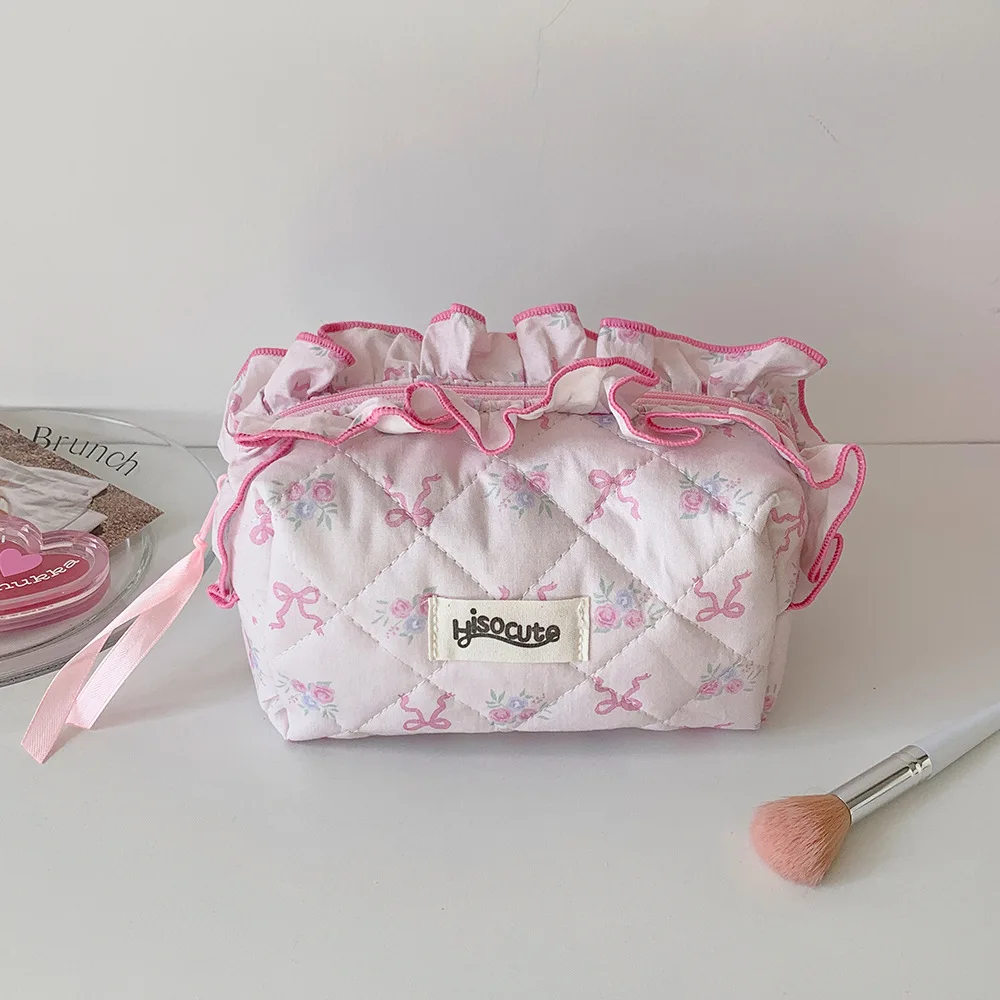 Tas Rias Katun Quilting Bunga Pita Lucu Tas Tangan Kain Wanita Organizer Kosmetik Ritsleting Wanita Kotak Perlengkapan Mandi Portabel untuk Anak Perempuan
