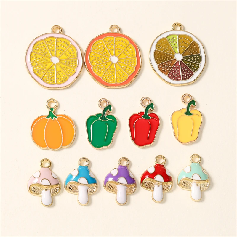 10 Stück Niedliche Emaille-Anhänger in Form von Kürbis, Orange und Pilz für Schmuckherstellung, Ohrringe, Halsketten, Armbänder, DIY-Bastelbedarf – Detail 2