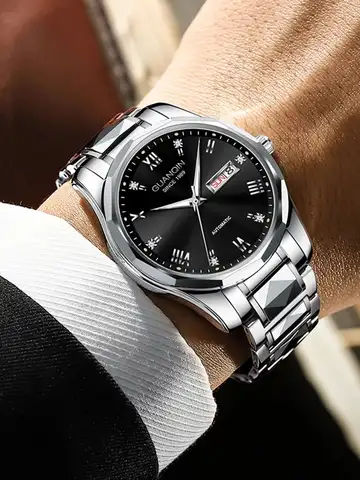 남성용 방수 발광 텅스텐 스틸 기계식 시계 패션 비즈니스 듀얼 캘린더 시계 사파이어 일본 무브먼트