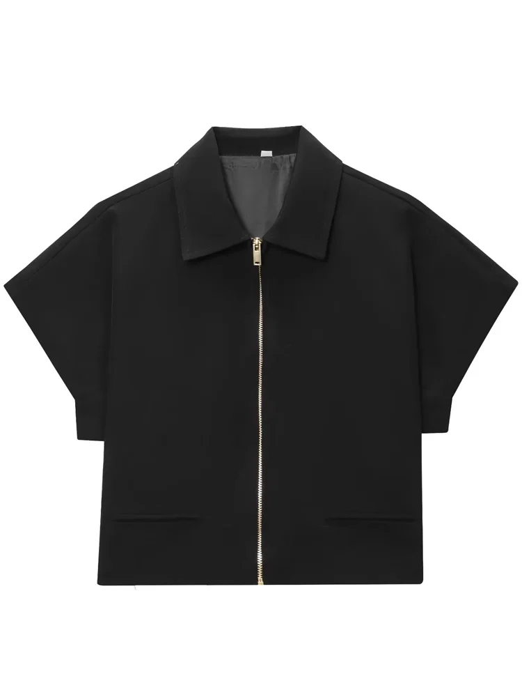 HXAO Cropped Damesjassen Met Rits Bovenkleding Top Zomer Crop Vest Korte Mouwen Vrouwelijke Jas Zwarte Korte Jassen