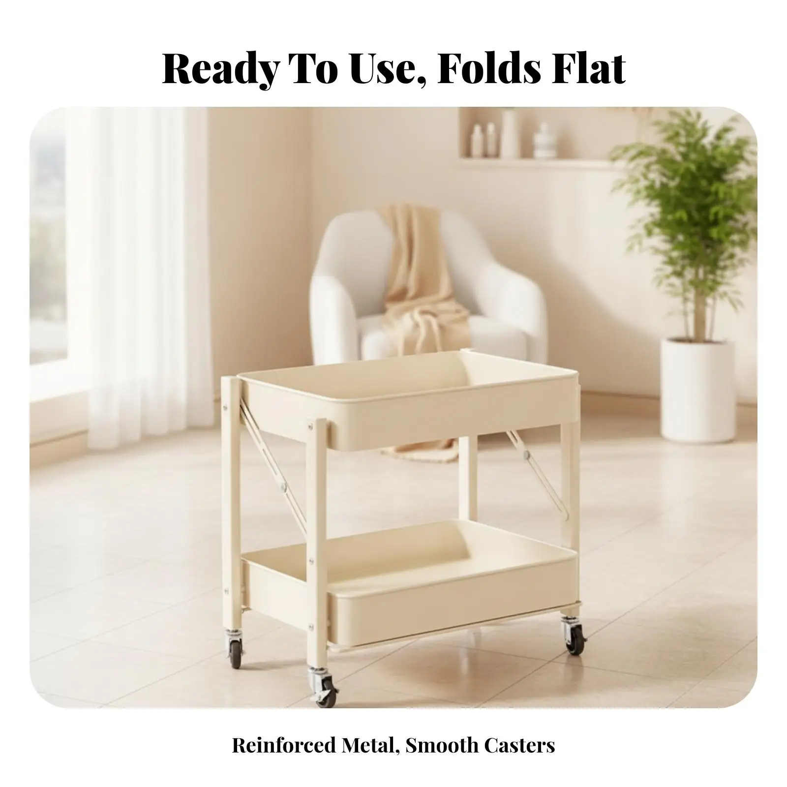 Carbon Steel Beauty Salon Cart with Foldable Frame Two Tier Open Shelves Rolling Storage Trolley for SPA Supplies
