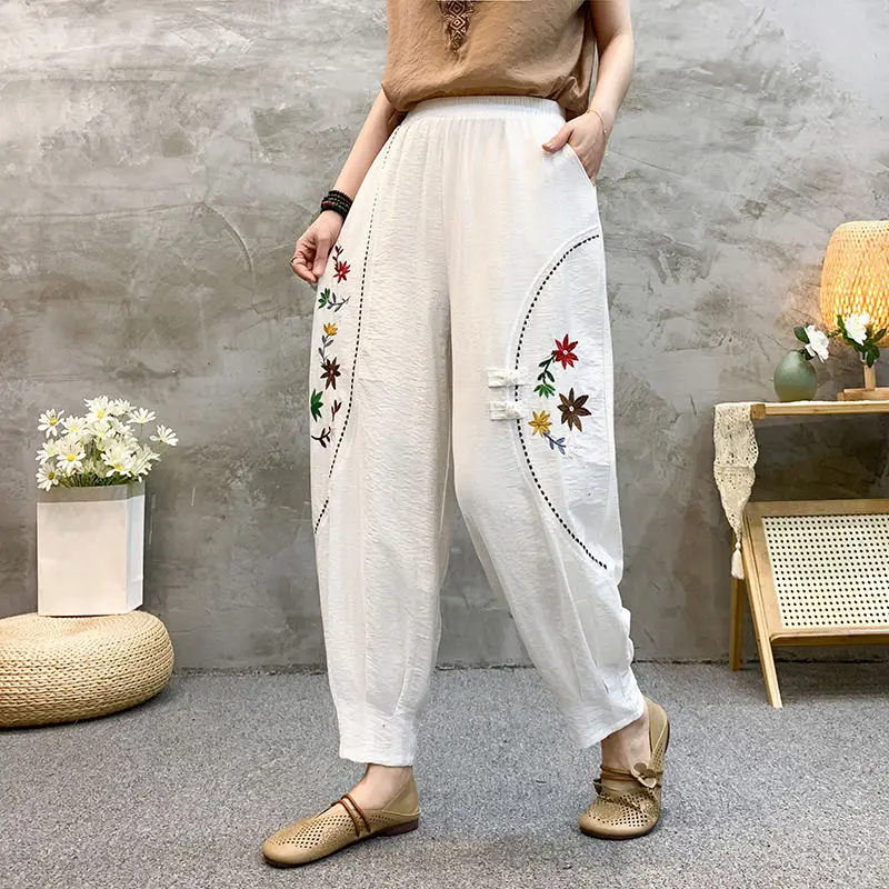 Sommer Ethnischen Stil Bestickt Frauen Baumwolle Leinen Laterne Hosen Lose Abnehmen Harem