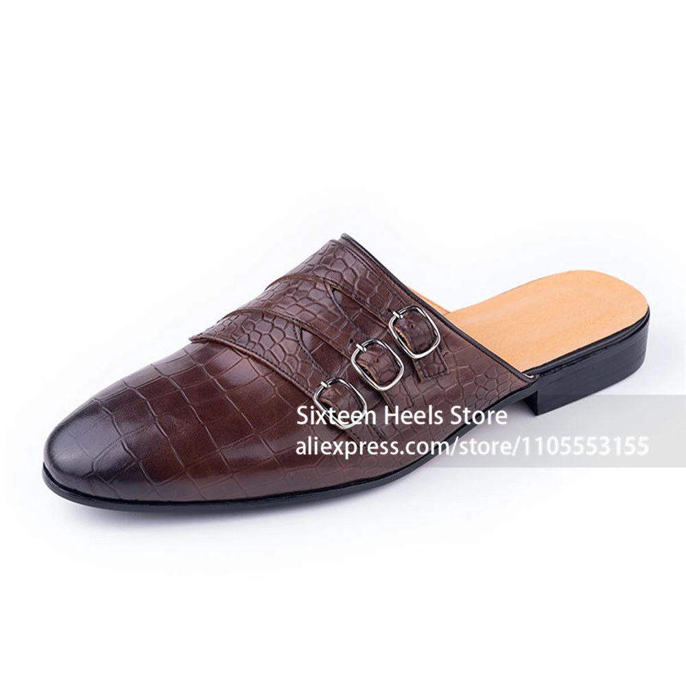 Monk Strap Backless Loafer Slides Crocodile Embossed Triple Buckle Mule Slippers Low Heel Slippers Vintage Summer Shoes for Men