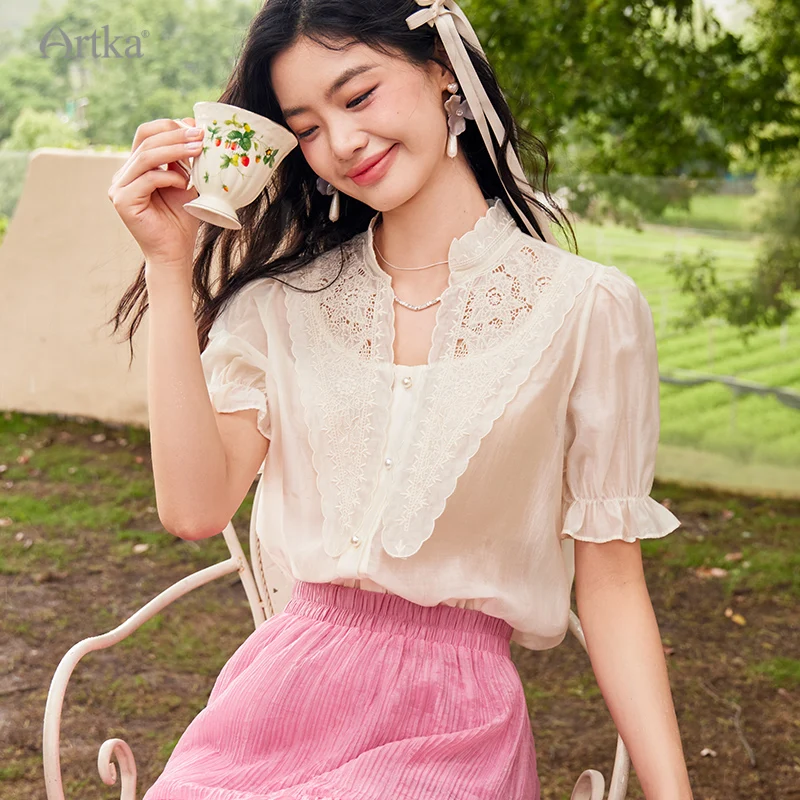 

ARTKA 2023 Summer New Women Blouse Elegant Lace Embroidered Stand Collar Shirt Short Puff Sleeve Tencel Shirts Female SA92331X