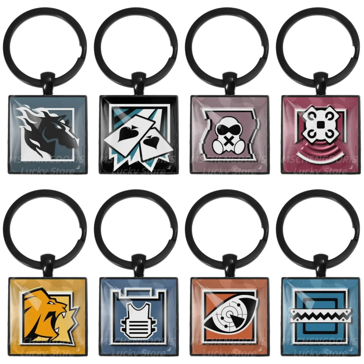 Llavero Rainbow Six Siege con patrón de icono de habilidad, colgante cuadrado de metal y vidrio de 25mm, amuleto de joyería, regalos para fans