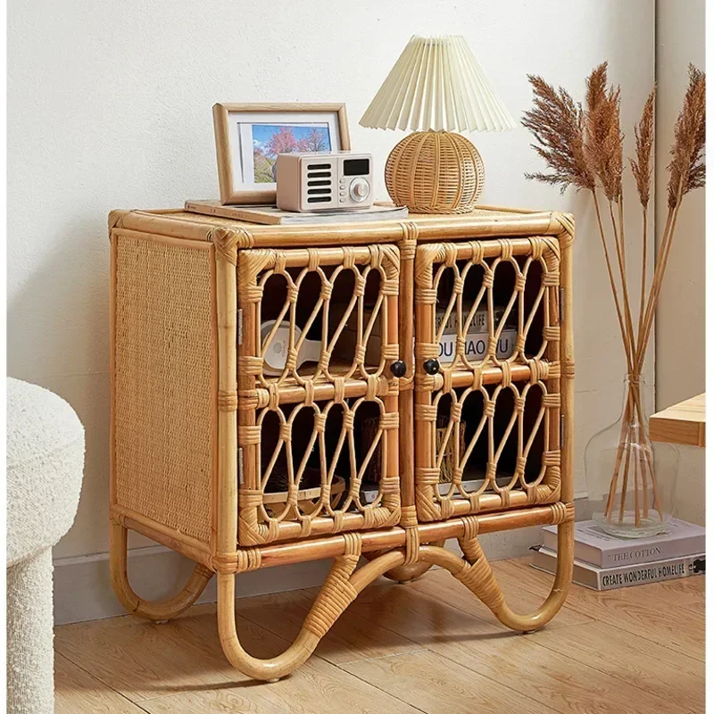 Natural Multi-Tier Rattan Shelf Floor Standing Living Room Cabinet Minimalist Storage Rack for Balcony Woven Organizer for Home