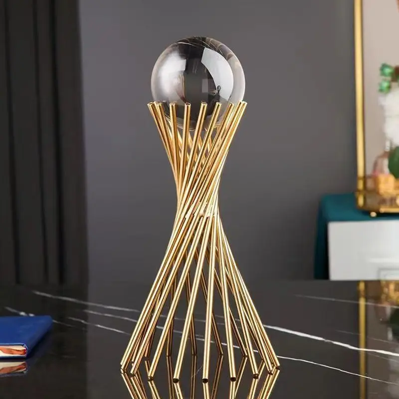 Golden Iron Crystal Ball with Geometric Stand Ornaments Desk Statues Sculpture Decor, for Living Room Bedroom Office Desktop
