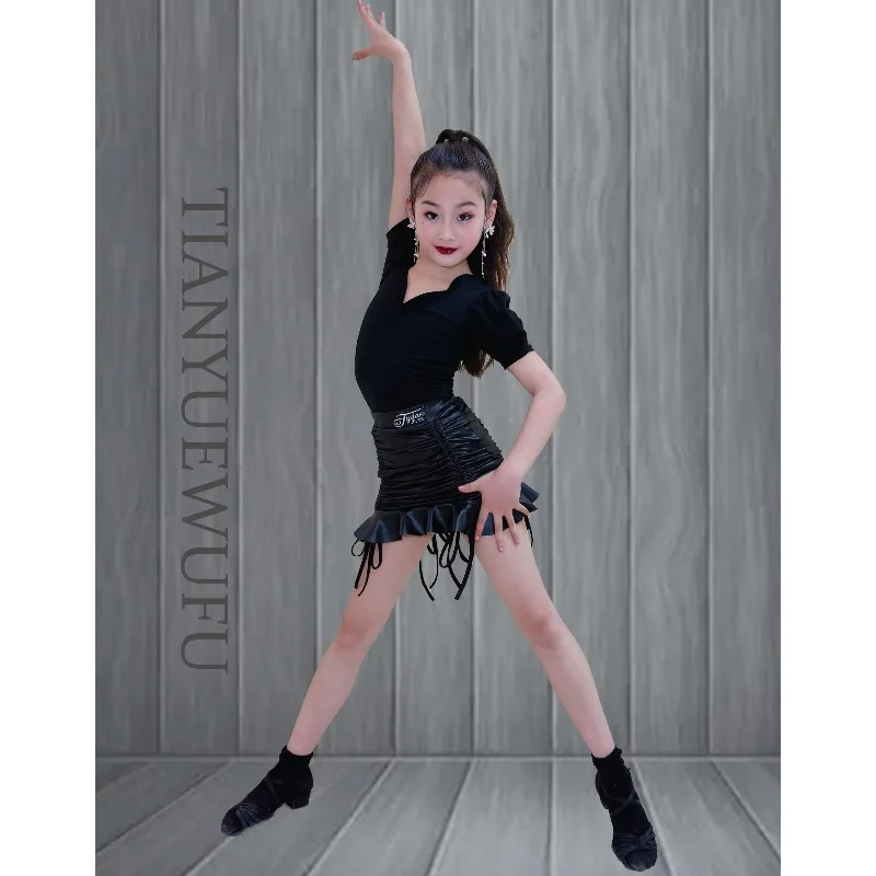 

New Latin dance dress practice dress performance dress and faux leather pleated skirt for children and girls cha-cha dance