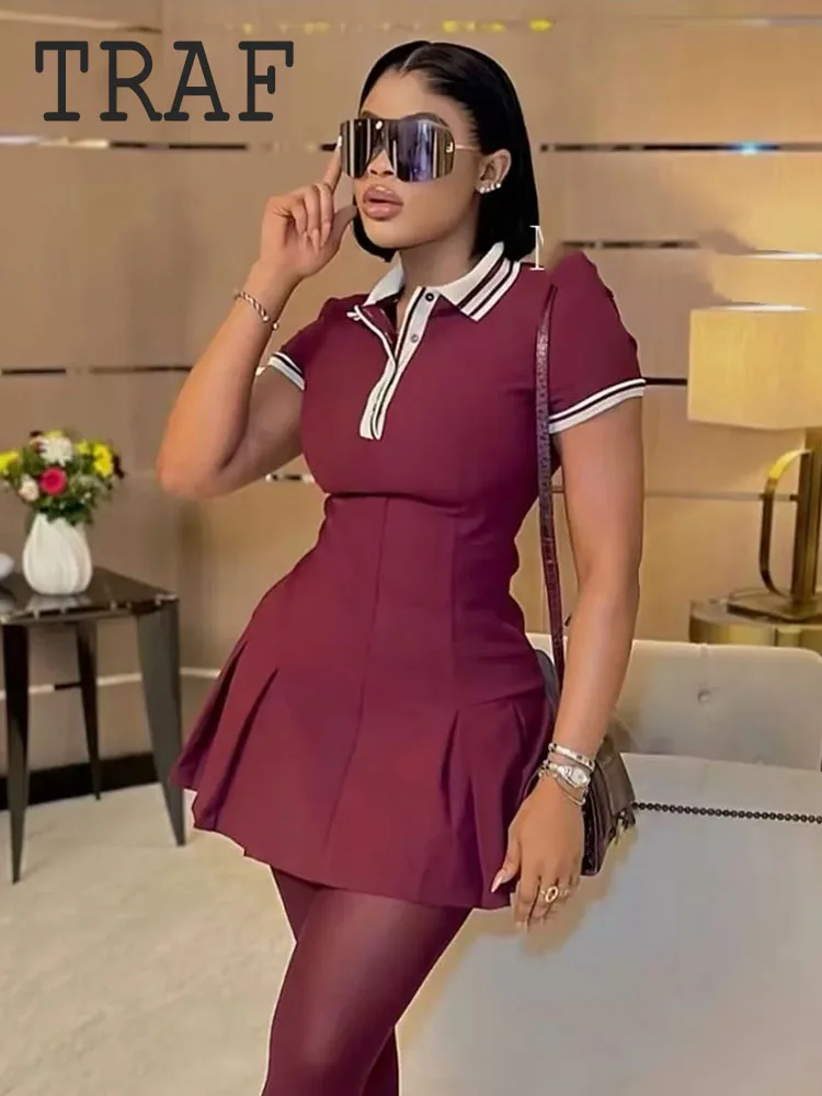 TRAF Vibrant Girlish Style Short Dresses For Woman Ribbed Wide Fold Polo Collar Knitted Mini Dress Fashion New Women\'s Clothing