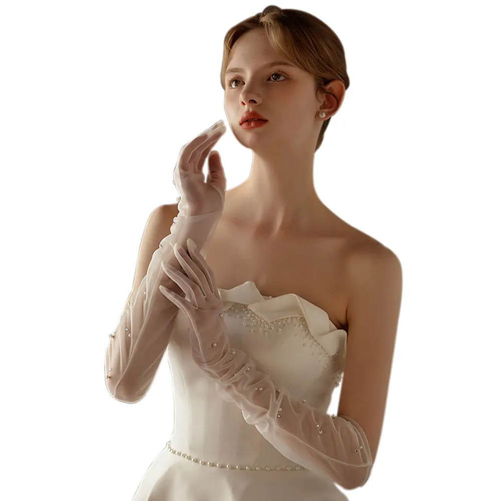 Wg077 Hochzeit Braut Oper Handschuhe Tüll Perlen Perlen weiße Brautjungfer Finger handschuhe Frauen Festzug Abschluss ball führen Handschuh