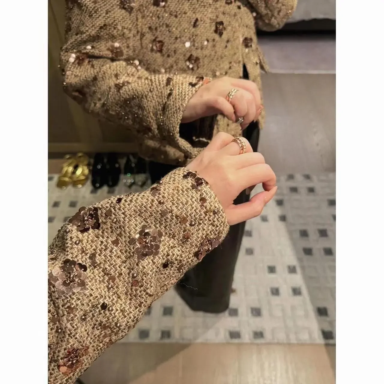 Luxury Tweed Jacket Women Coat Long Sleeve Tweed Blazer Crop Jacket Short Tops Plaid Pockets Office Ladies Clothing New