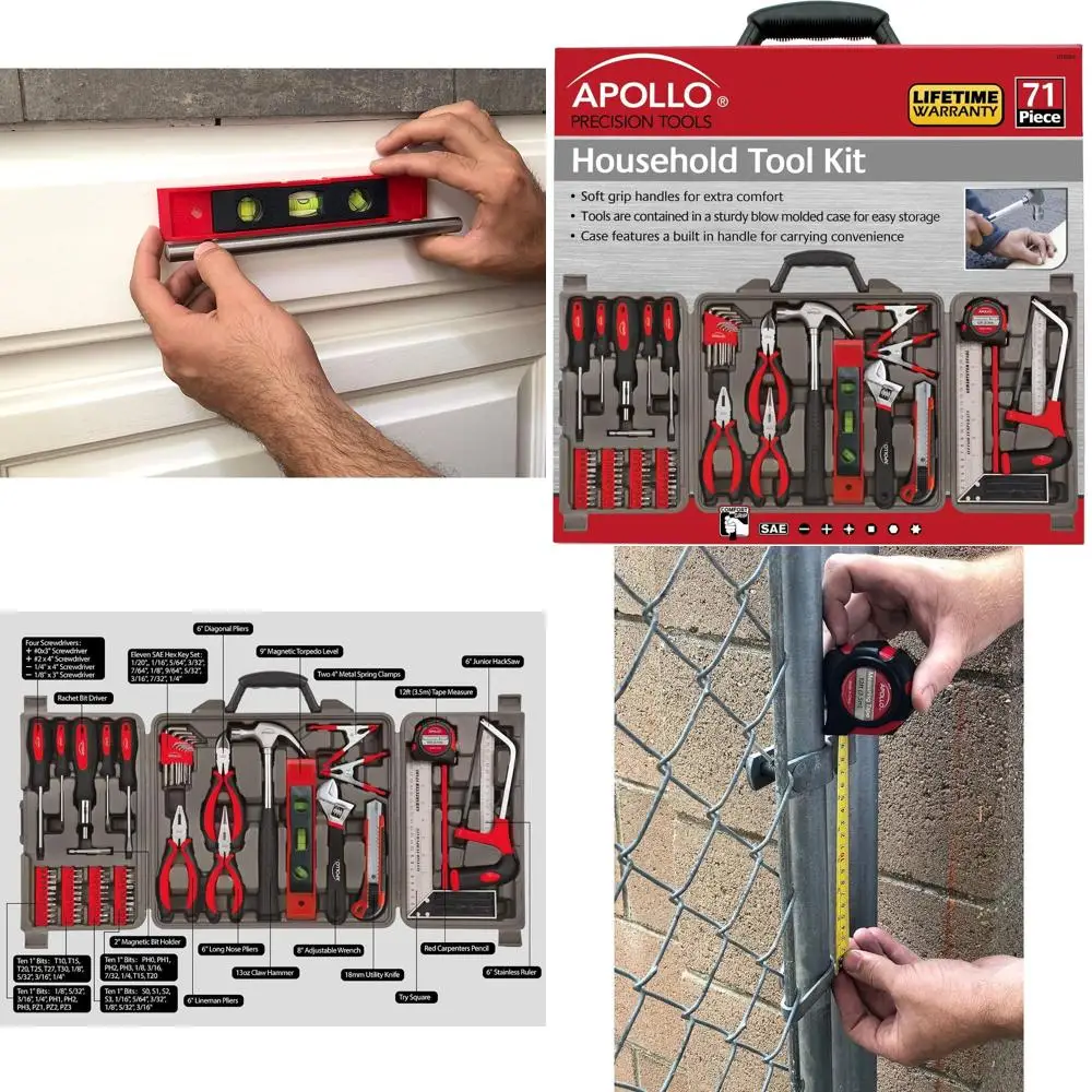 

Набор инструментов Apollo из 71 предмета: зажимы, ножовка, угольник, отвертки, плоскогубцы для ремонта и домашнего использования - красный