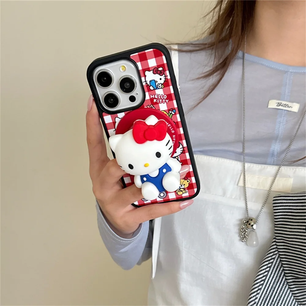 

Korean INS Fashion Plaid 3D Kitty Magnetic Stand Phone Case for iPhone 13 14 15 16 Pro Max Cover Lovely Anti-fall Luxury Fundas