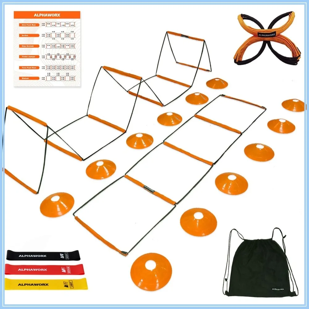 

Agility Ladder Set with 12 Cones, 3 Bands & Bag, 8+4 Rung Speed Ladder for Sports Training, Foldable & Tangle-Free
