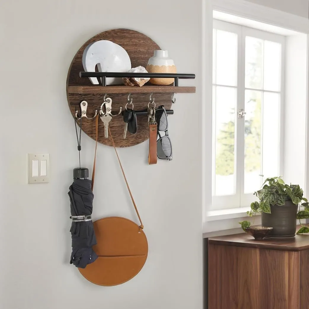 Wooden Wall Mounted Key Holder Storage Rack Retro Circular Background Decoration Rack Living Room Entrance Key Hanging Rack ZG98