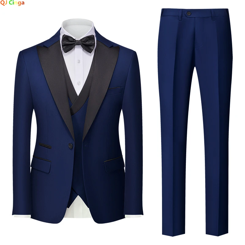 

Blue Black Collar Suit 3 Piece Men's Wedding Party Dress Jacket with Pants Vest White Black Green Male Sets Large Size M-5XL 6XL