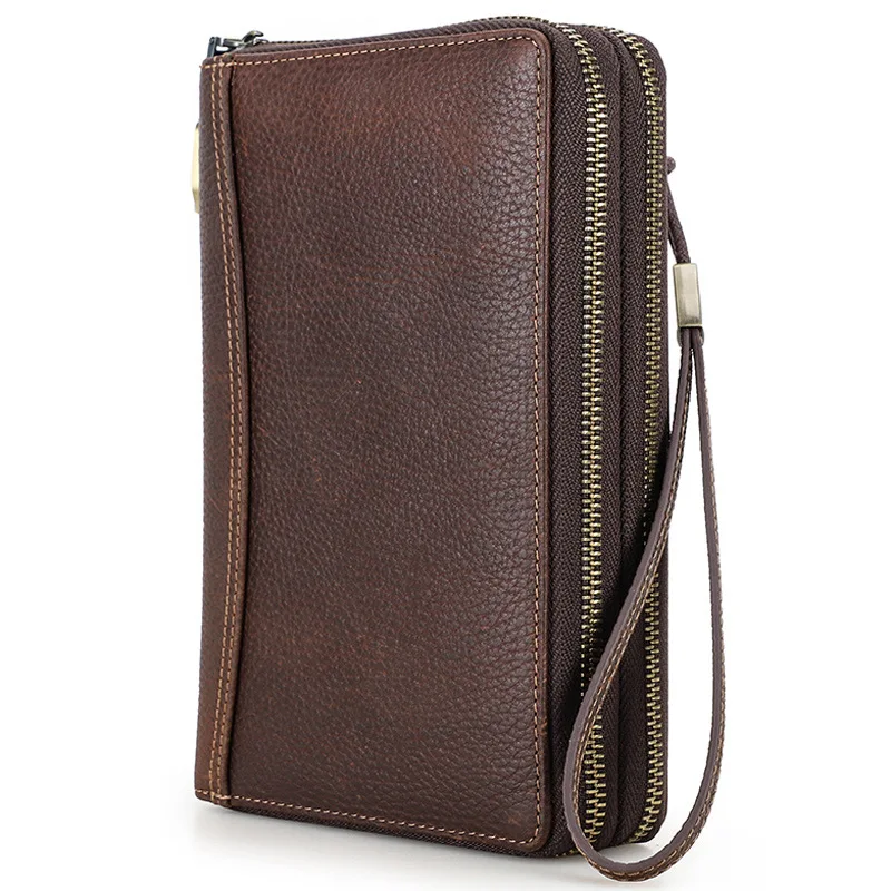 Litchi Patterned Cow Leather RFID Anti-theft Metal Double Zipper Combination Lock Travel Passport Bag  Clutch Bag Long Wallet