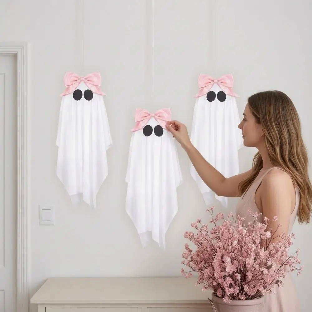 3Pcs Halloween Pink Ghost Hanging Decor Pink Bow Spooky Outdoor Ornament for Porch Window,Sweet Girl Gift
