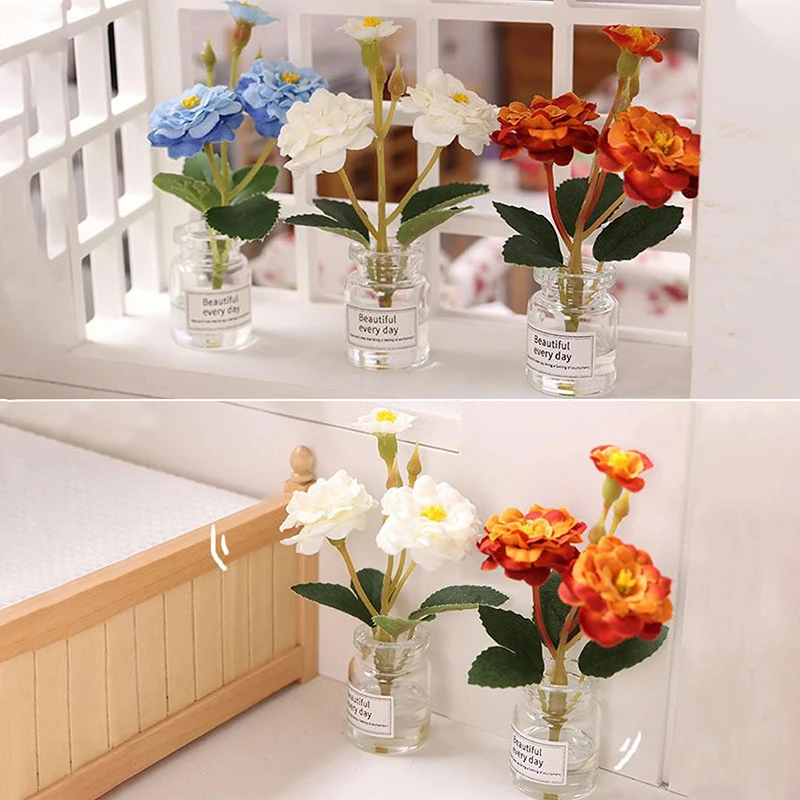 1/12 Dollhouse Miniature Rose Laurel Potted Flower Glass Bottle Flower Arrangement Home Decor Doll House Furnitue Toys