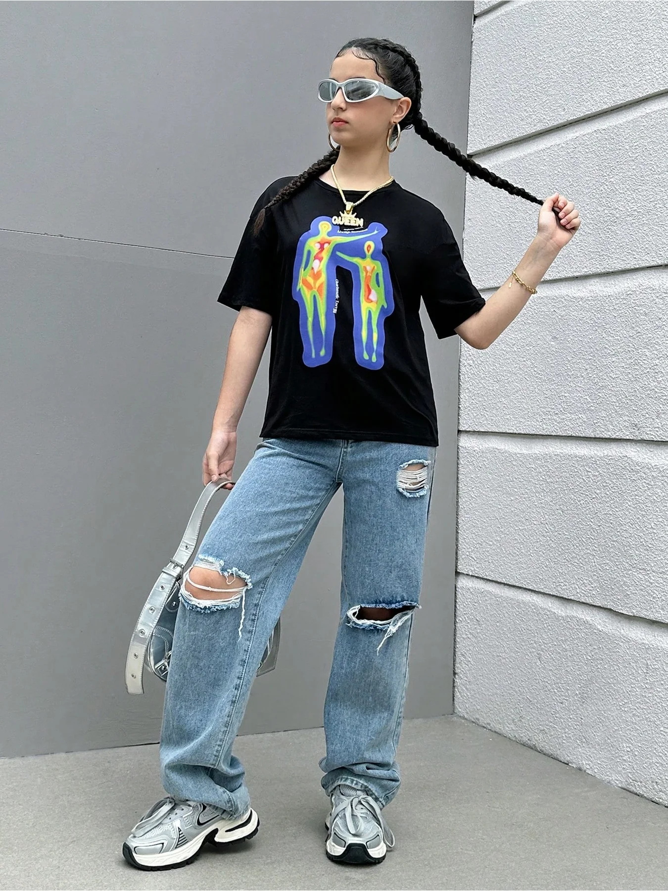 Children's Casual Comfortable Top 2026 Niche Art Sense Thermal Imaging Portrait Print Short-Sleeved Loose Black T-Shirt