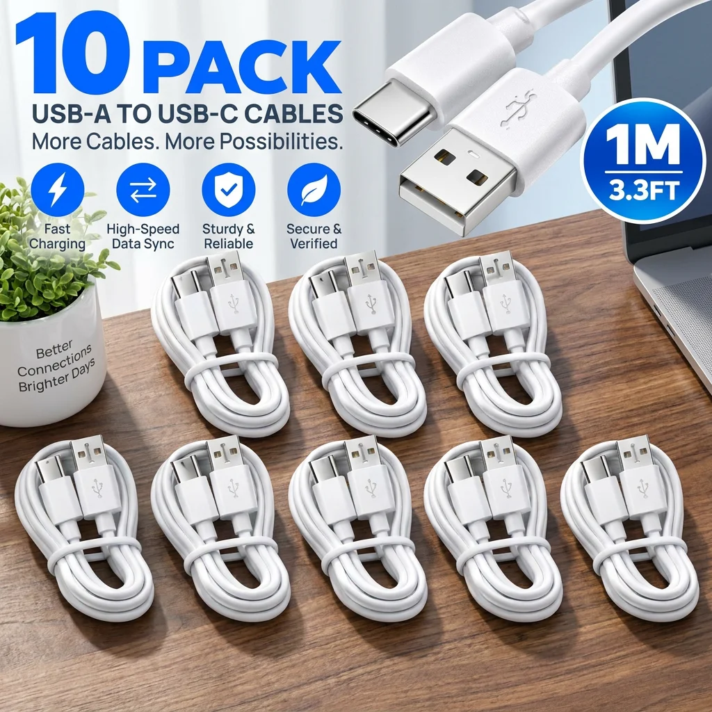 10 Pack USB A to USB C Cable 3.3FT (1M), White USB Type C Charger Cord, Fast Charging & High Speed Data Sync USB-C Charging Cable Compatible with Samsung Galaxy, Pixel, Android Phones, Tablets, Power Banks, Car & Wall Chargers