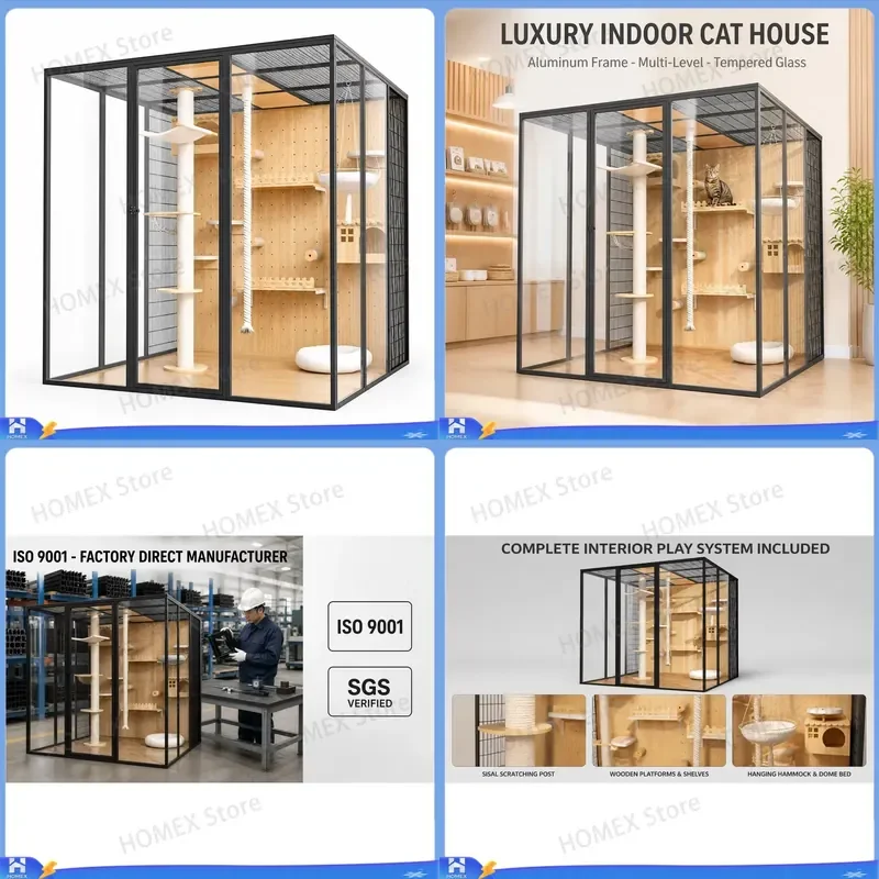 Outdoor Cat House Waterproof Tempered Glass Pet Cage for Stray Cats Easy to Assemble Clean with Pull out Tray and Door