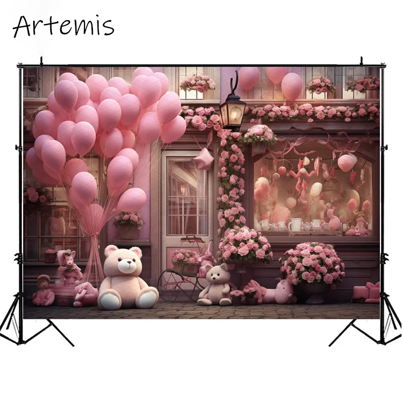 Valentine's Day Backdrop Pink Store Furry Art Balloons Roses Windows Vista Children's Birthday Portrait Background Photo Studio