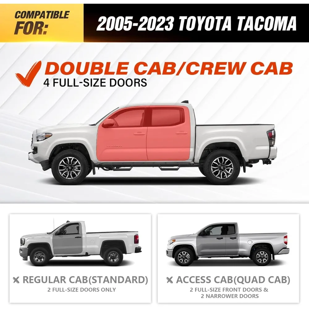 Pedane gradini laterali compatibili con Toyota Tacoma doppia cabina/equipaggio 2005-2023, barra Nerf design a due scale, auto per carichi pesanti