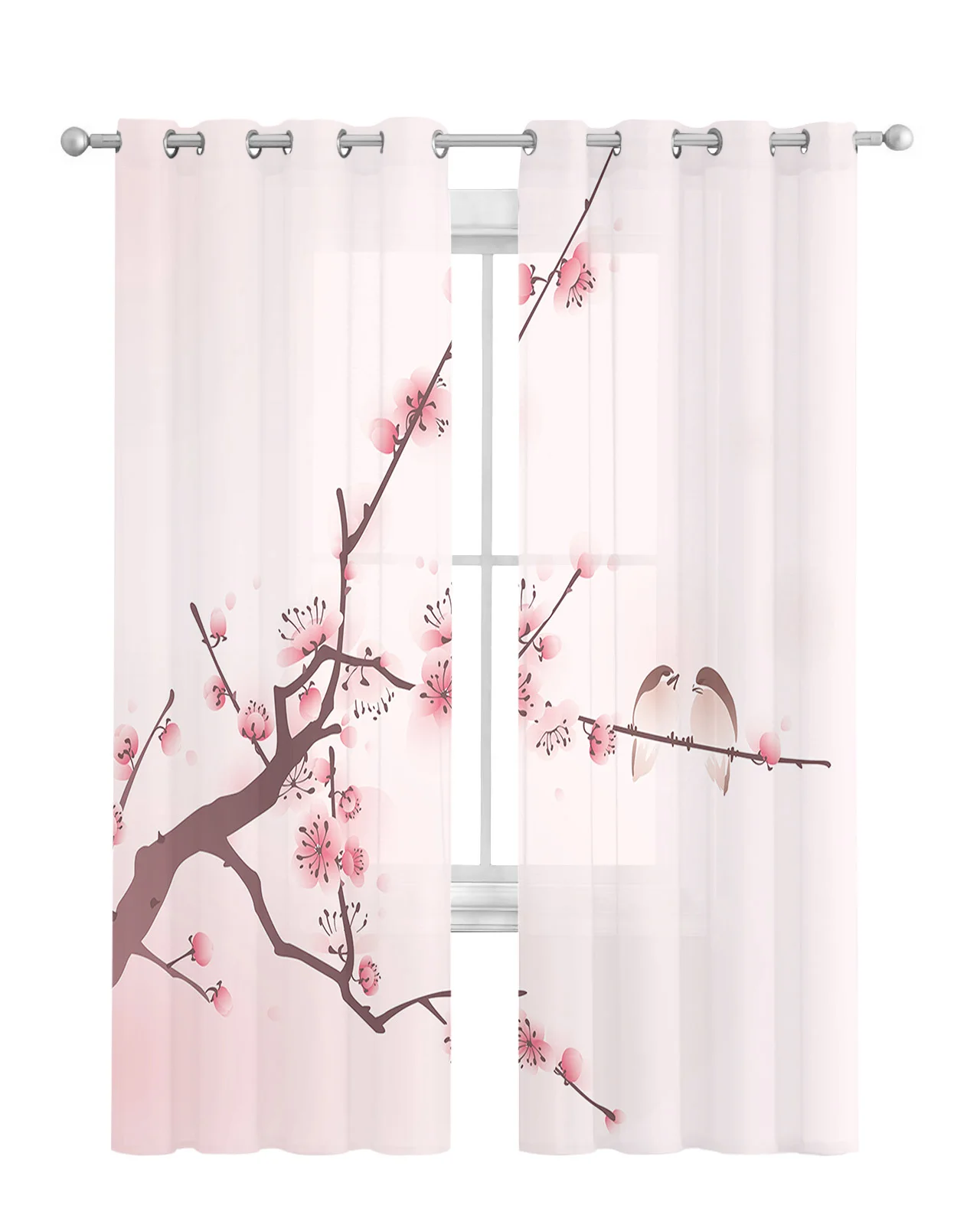 Pink Flower Tree Bird Sparrow Ink Style Curtain Tulle Curtains For Living Room Kitchen Window Treatments Voile Curtains