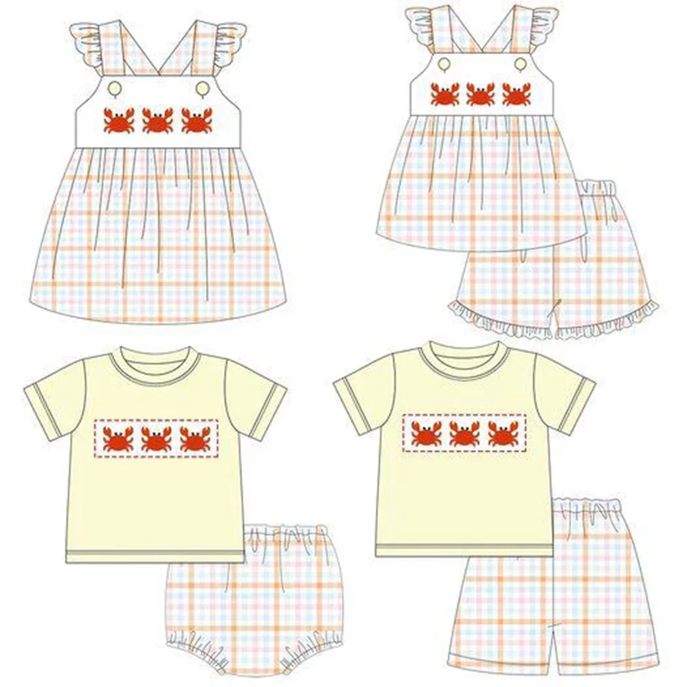 

Summer baby suit girl pearl suit crab print boy short-sleeved suit yellow top plaid single pants boutique children's clothes