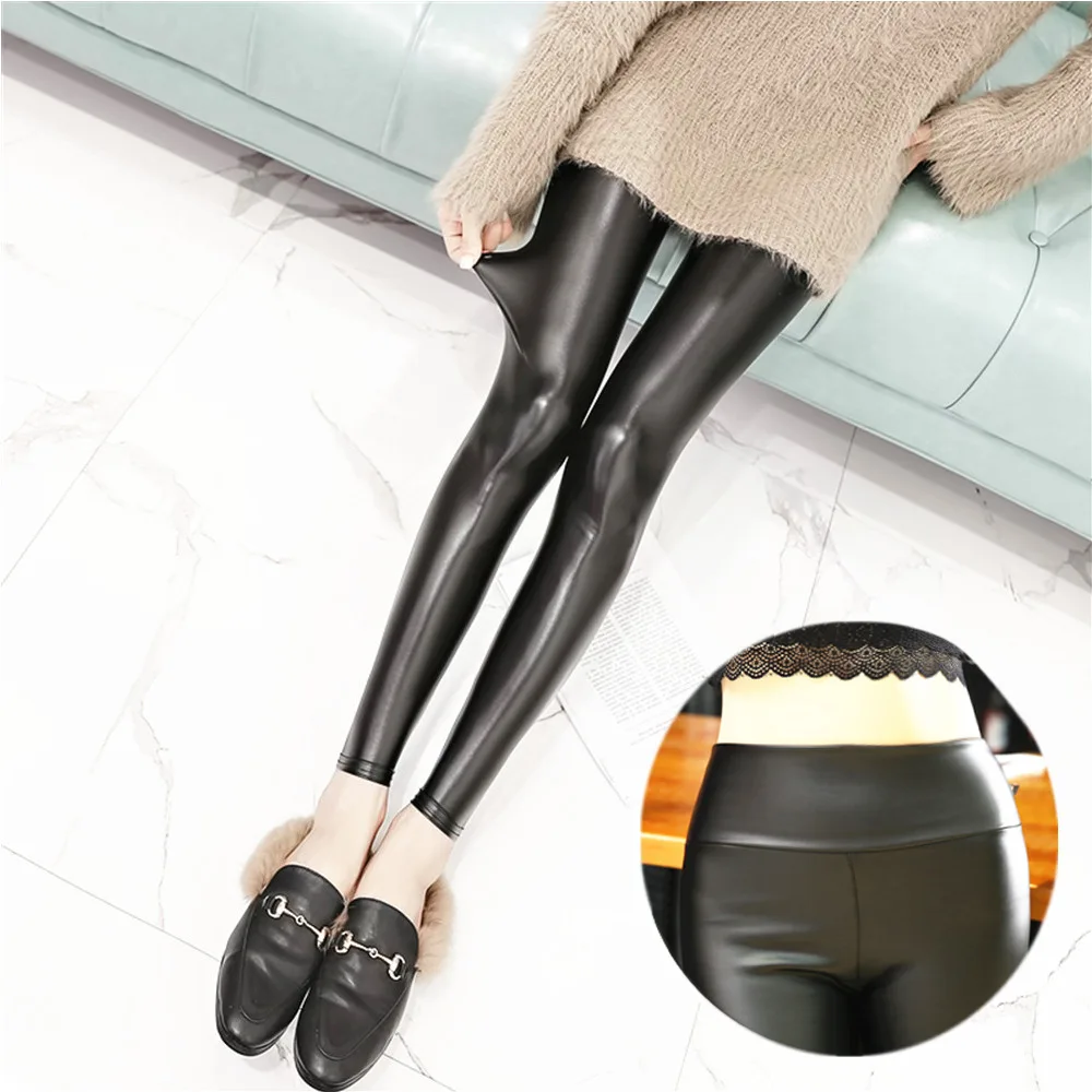 Mulheres leggings de couro PU veludo, calças lápis, cintura alta, sexy, magro, calças