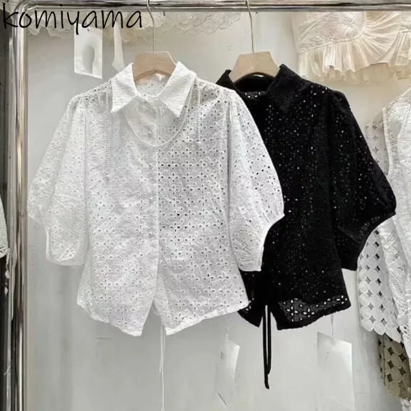 Back Bandage Bow Blusas Hollow Out 2025 Woman Shirts & Blouses Short Sleeve Camisas Pear Button Ropa Mujer Summer New Tops