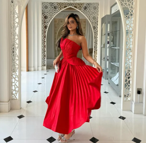 High Quality Customized Ankle Length Red Strapless Sleeveless Pleat Vestido De Festa De Casamento Kleider Damen Elegant Women