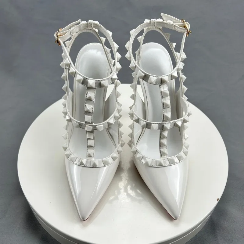 Slingbacks Heels Ankle Strapy White Rivets Women Pumps Pointed Toe High Heels Sandals Fashion Parties Shoes Woman big Size 33-45