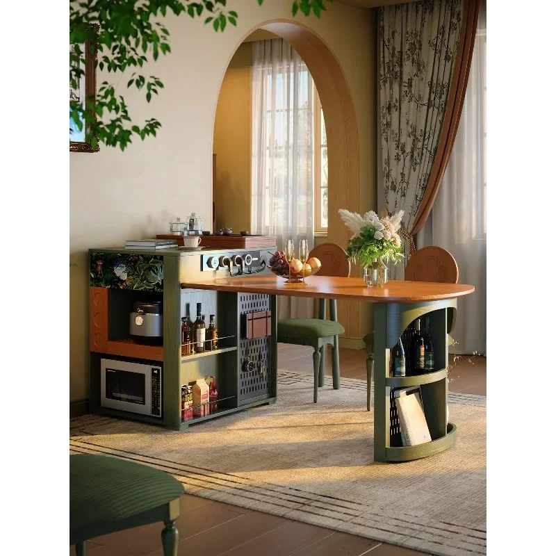 Retro retractable island dining table integrated antique household solid wood multi-functional small apartment dining table