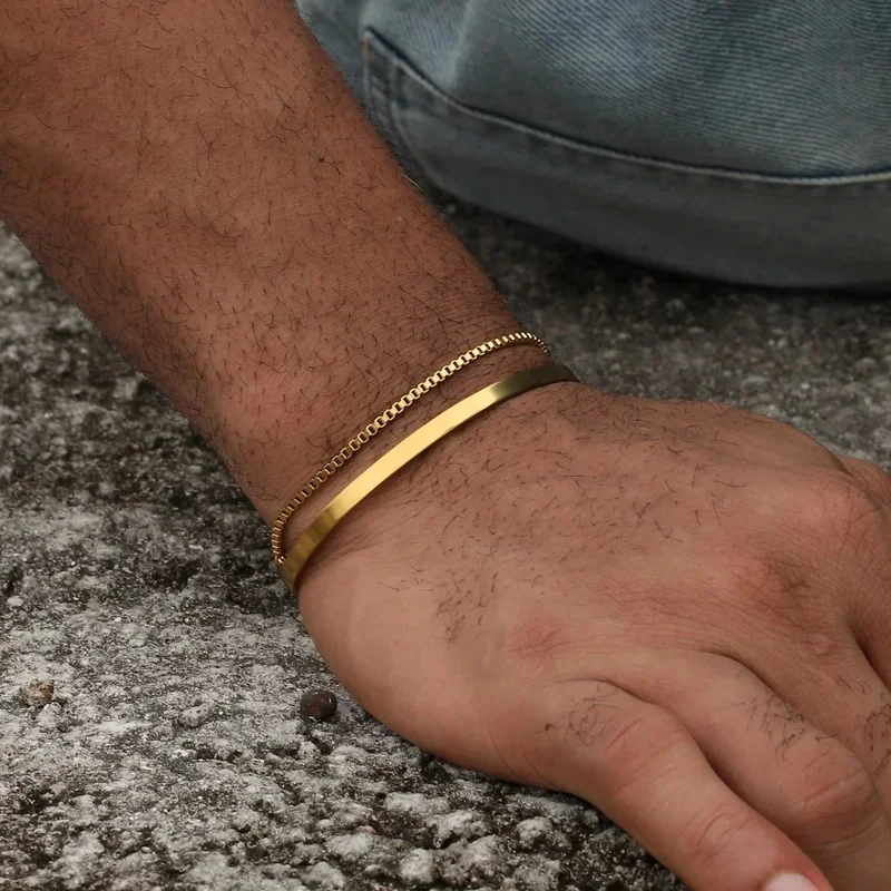 Minimalist Two-Piece Silver Bracelet Set Smooth Open Cuff With Box Chain Waterproof Stainless Steel Male