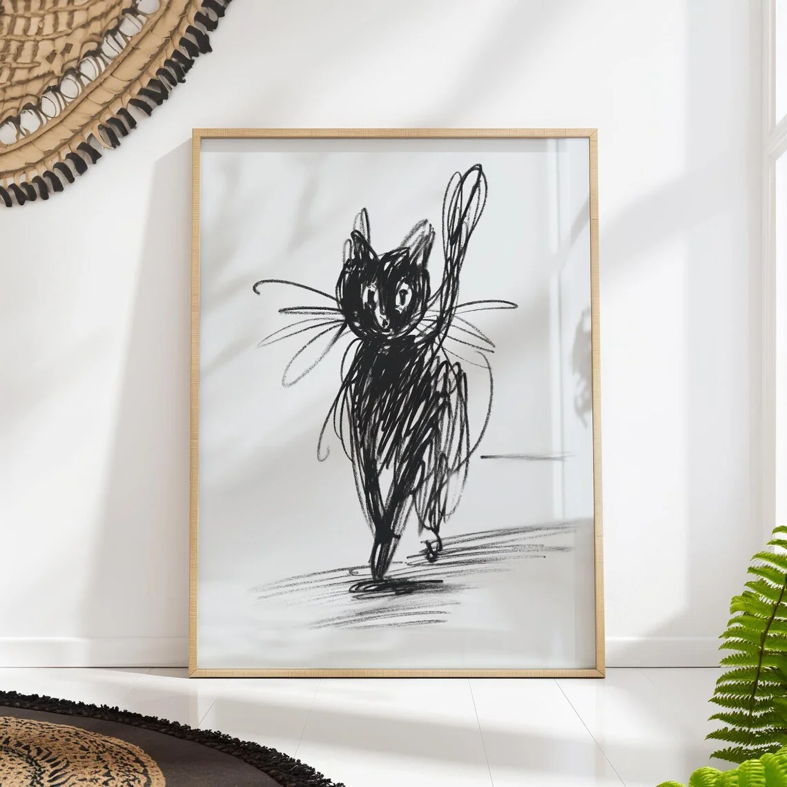 Minimalist Black Cat Scribble Wall Print Decor - Abstract Charcoal Sketch Illustration of a Playful Black Cat Waving Its Paw, Se