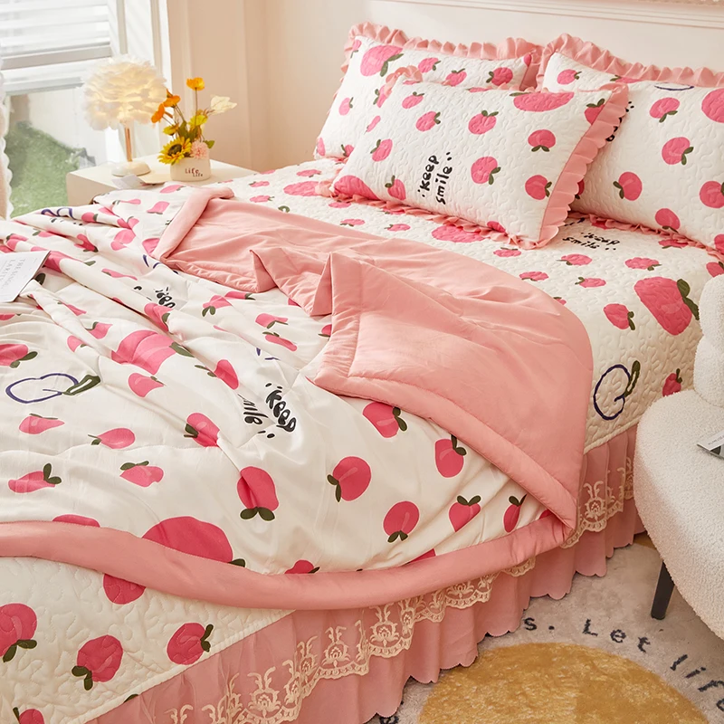 Edredón de melocotón de dibujos animados tamaño Queen, edredón con estampado de corazón de amor rosa, Ultra suave, ropa de cama de 1 pieza para decoración de habitación