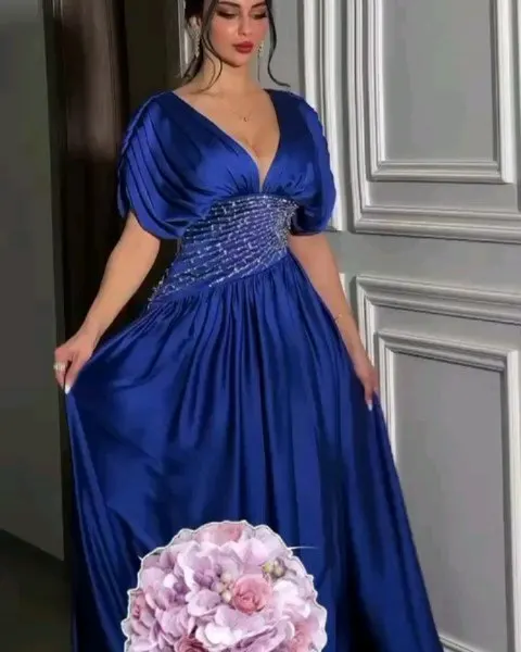 Royal Blue Prom Dresses Long for Arabic Women 2025 Beading Crystal Pleated Short Sleeve A Line Satin Formal Evening Gowns