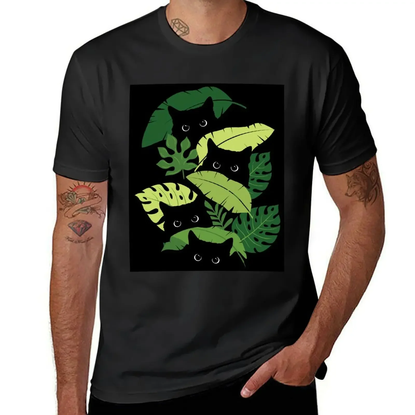 Black Cats Peeking From Tropical Leaves Floral T-Shirt plain sweat tees cotton t shirt men