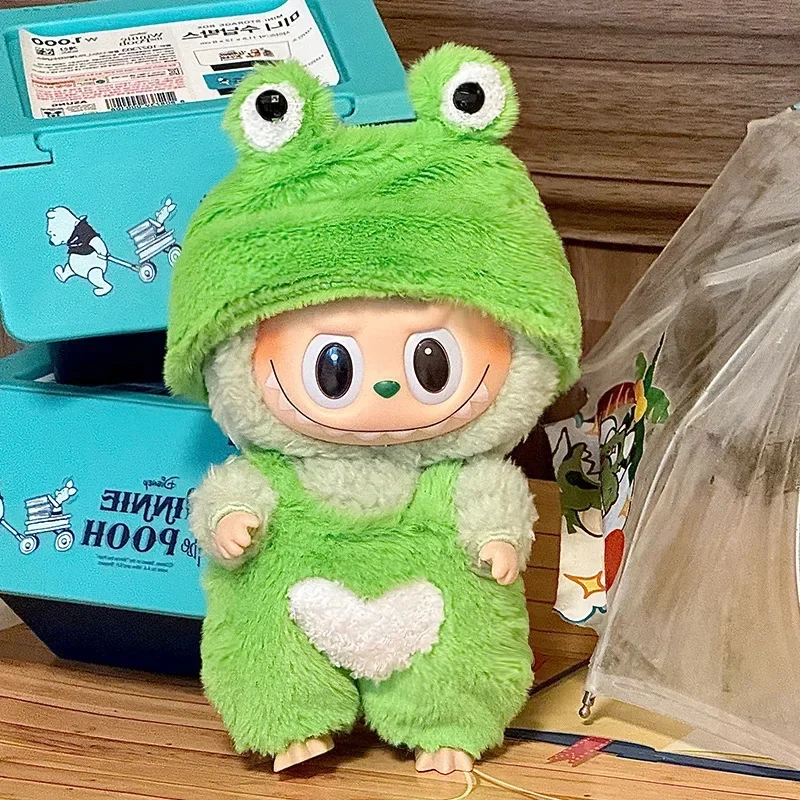 

Doll Clothes 15-17CM LABUBU Macaron Frog Set Jumpsuit Kawaii Fisherman Hat 2PCS/Pack Plush Cotton Doll Dress Up Game Decoration