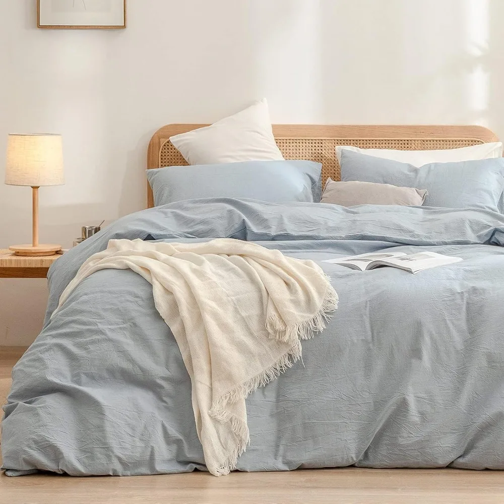 

100% Washed Cotton Linen Duvet Cover Set - Soft, Comfortable, and Lightweight for Chic Home Bedding in Cornflower Blue