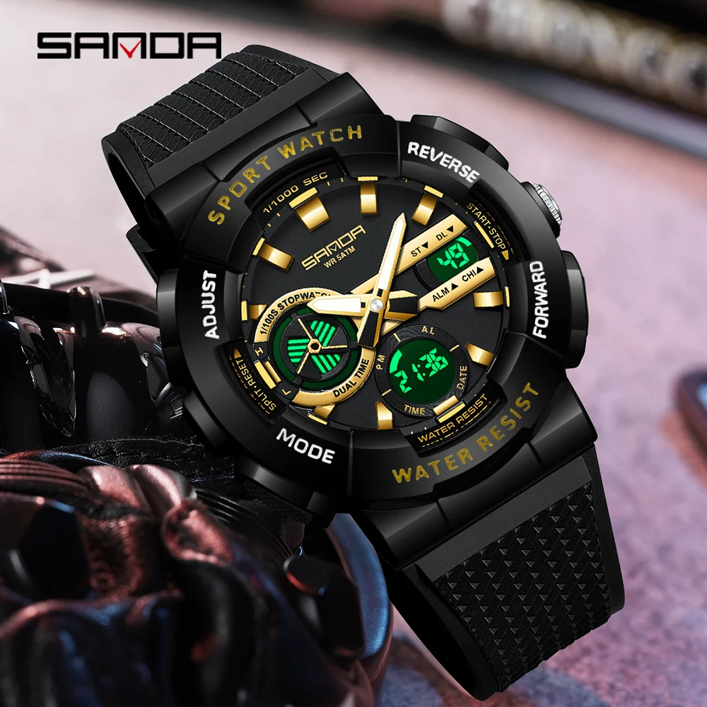 SANDA 2025 جديد 3365 ساعة إلكترونية عصرية للرجال مع شاشات مزدوجة مقاومة للماء ضوء ليلي LED ساعة إلكترونية للرجال #2