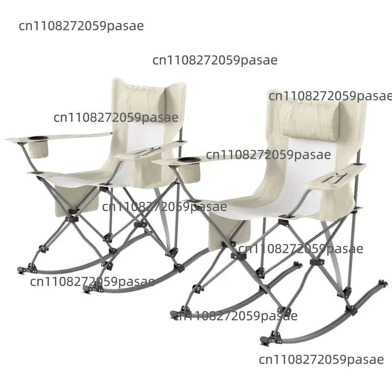 2-Pack Cream Folding Rocking Chair Camping Chair Portable Fishing Chair with Comfortable Headrest Refrigerated Bag Cup Holder