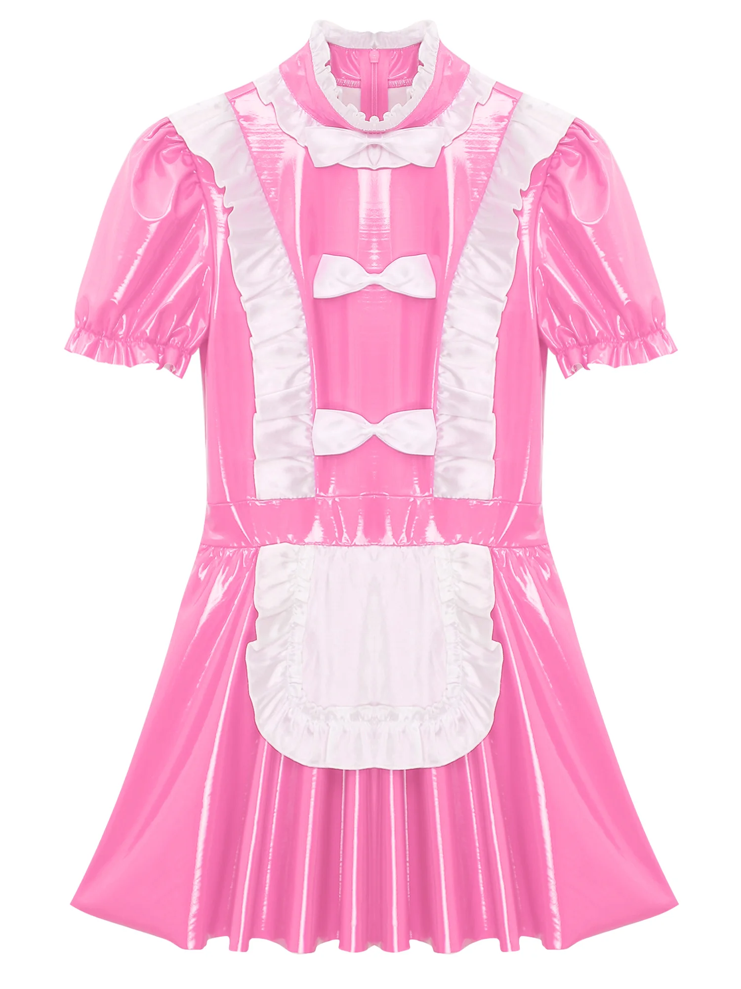 Robe de femme de chambre française en cuir verni Sissy pour femme, volants, garnitures, nœud, tablier, manches bouffantes, robe de femme de chambre Lolita, uniforme trapèze, cosplay