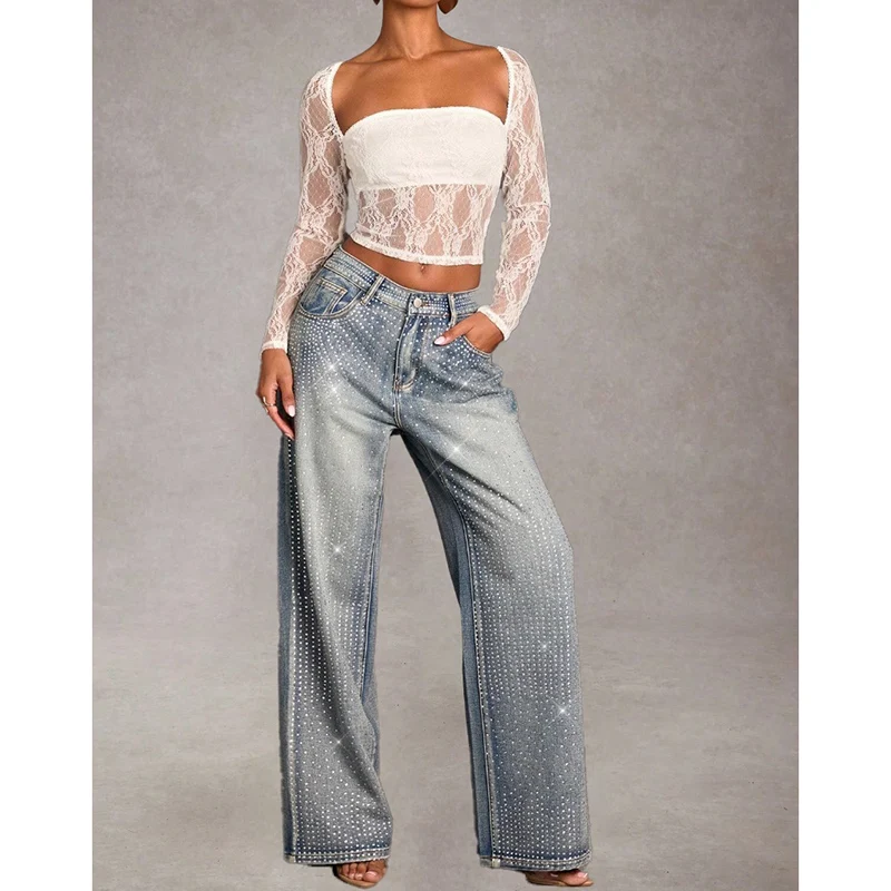 Lady Designer Shinny Rhinestone High Waist Jeans Female Thin Straight Leg Denim Pants Girls Korean Fashion Loose Trousers