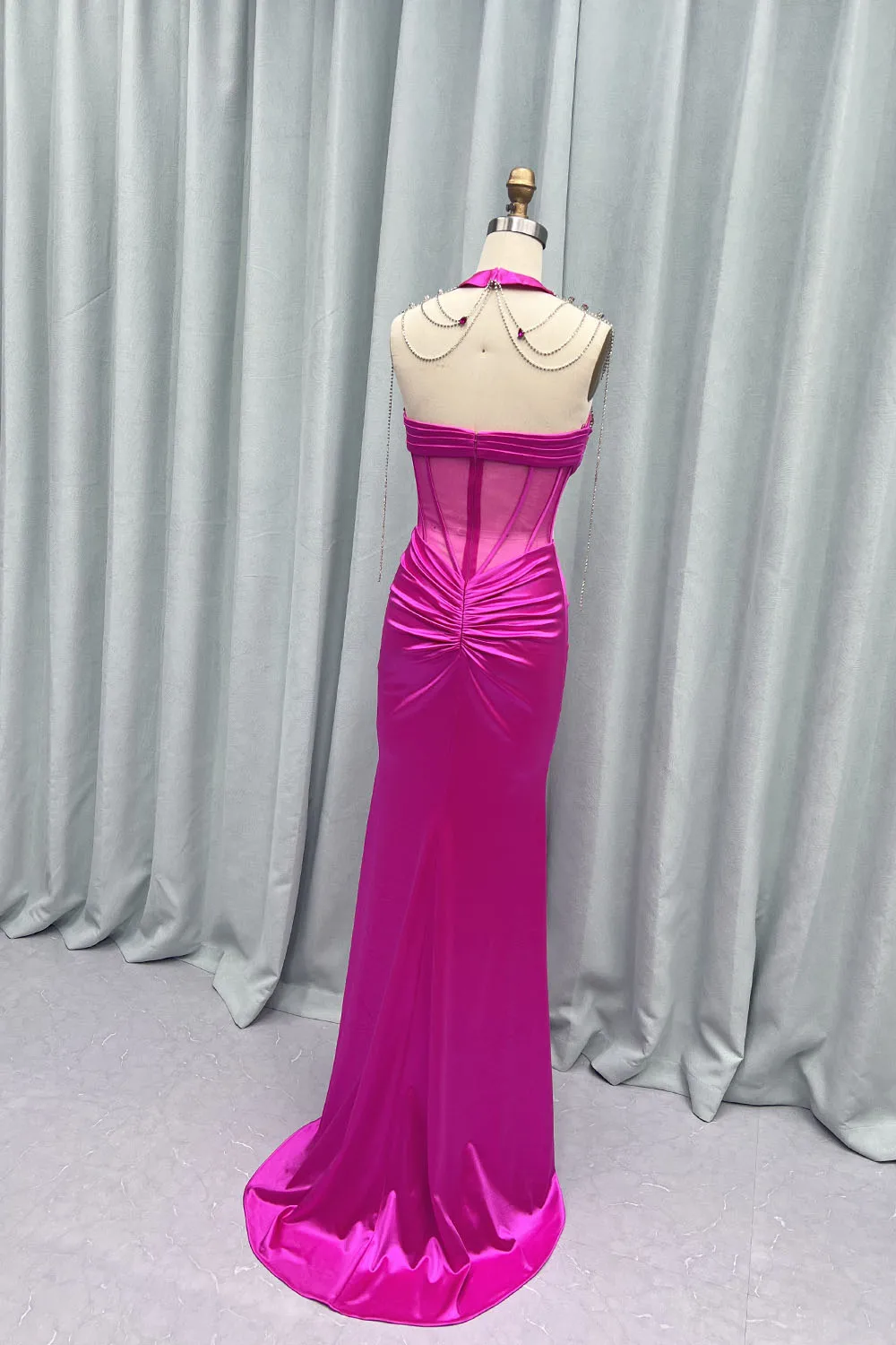 YQLNNE Fashion Fuchsia Rhinestones Long Prom Dresses Sweetheart Satin Beaded Red Carpet Gown Mermaid