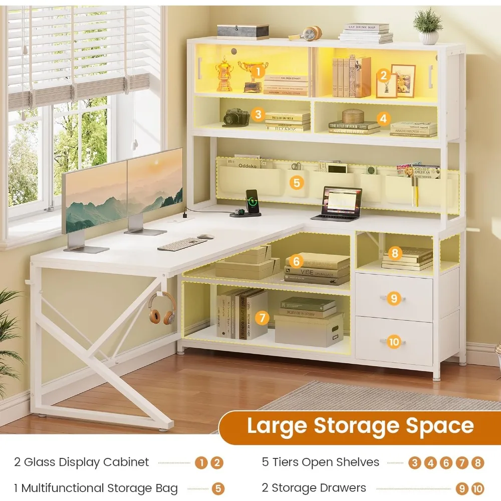 Meja gaming berbentuk L, meja komputer untuk kantor rumah dengan 2 laci dan rak buku, meja sudut gaming berbentuk L dengan lampu LED