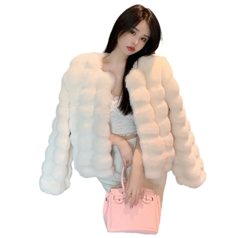 Women Faux Fur Short Coats Jackets Round Neck Coat Thick Warm Y2k Streetwear Jacket Work Elegant Outerwear Autumn Winter