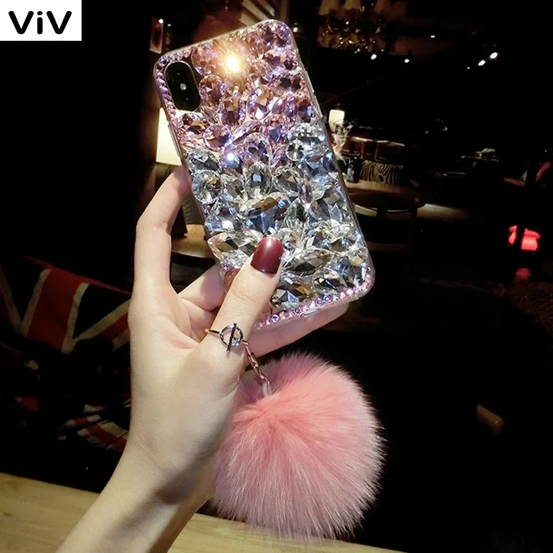 For Samsung Galaxy S23 S22 Ultra S21 S20 S10 S9 Plus Note20 Case Women Rhinestone Bling Crystal Diamond Cover With Fox Fur Ball